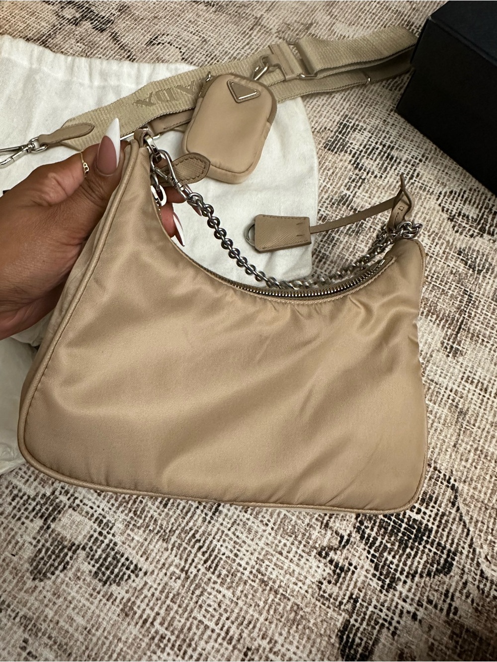 Prada Beige Nylon Shoulder Bag with Chain Handle and Detachable Strap - Picture 4 of 6